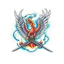 A phoenix rising from smoke, with a sword clutched in its talons tattoo design idea