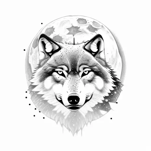 A majestic wolf howling at the moon in a snowy Montana landscape surrounded by fir trees and mountains tattoo design idea