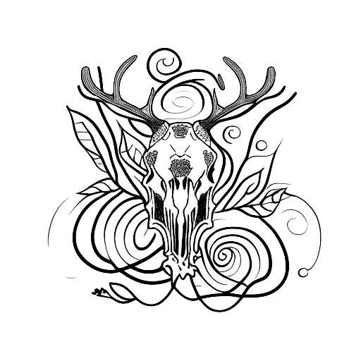overgrown, stag skull, flowers and vines tattoo design idea