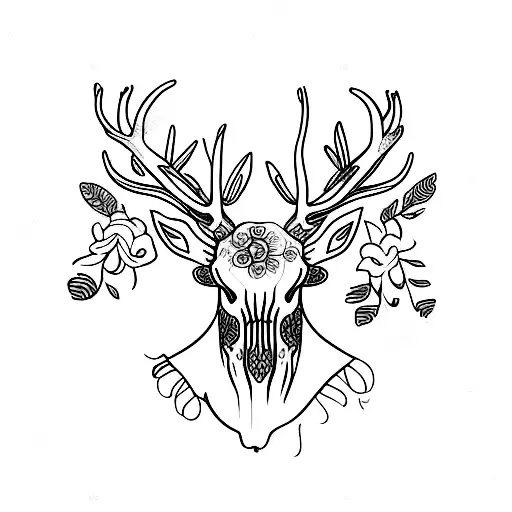 overgrown stag skull, flowers and vines tattoo design idea