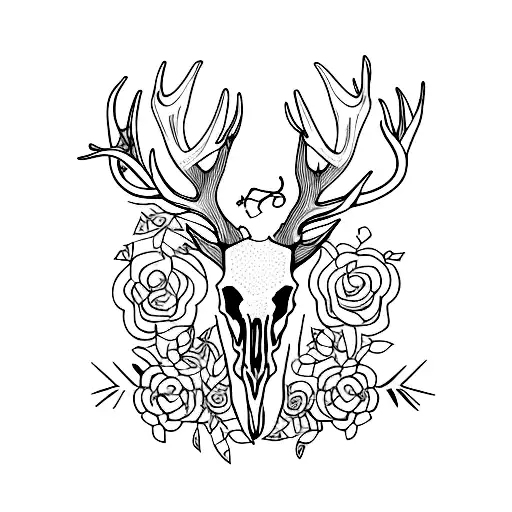 overgrown stag skull with flowers and vines tattoo design idea