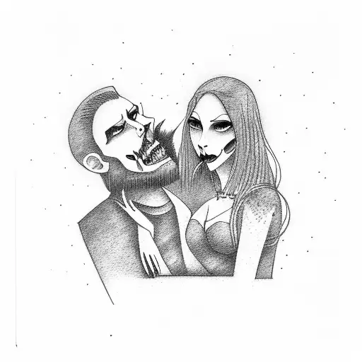Abstract interpretation of a couple on a park bench with vampire fangs tattoo design idea