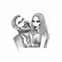 Abstract interpretation of a couple on a park bench with vampire fangs tattoo design idea