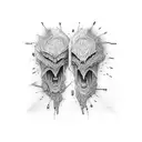 Abstract interpretation of a couple on a park bench with vampire fangs tattoo design idea