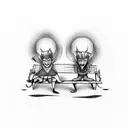 Abstract interpretation of a couple on a park bench with vampire fangs tattoo design idea