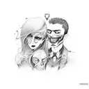 Abstract interpretation of a couple on a park bench with vampire fangs tattoo design idea