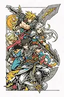 arm sleeve using the different paladins from the final fantasy series. Black and Grey with small pops of color tattoo design idea