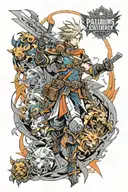 arm sleeve using the different paladins from the final fantasy series. Black and Grey with small pops of color tattoo design idea