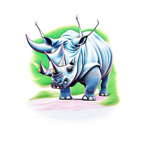 A traditional-style tattoo of a rhinoceros charging through a field with a banner that says 'Family Forever' tattoo design idea