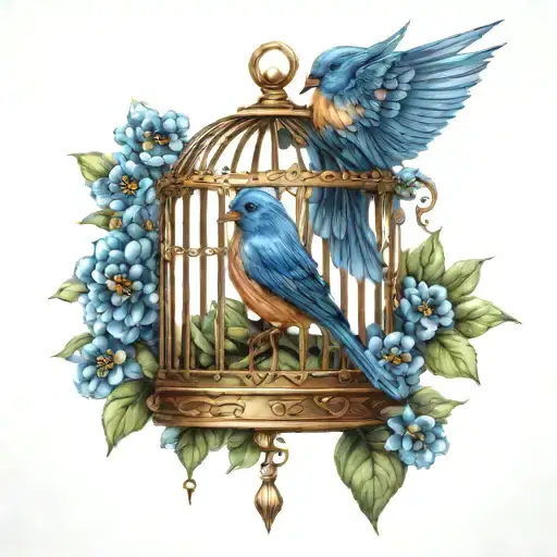 a blue bird in a cage with blue flowers  tattoo design idea