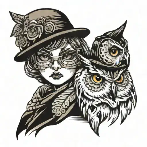 owl and girl head tattoo design idea