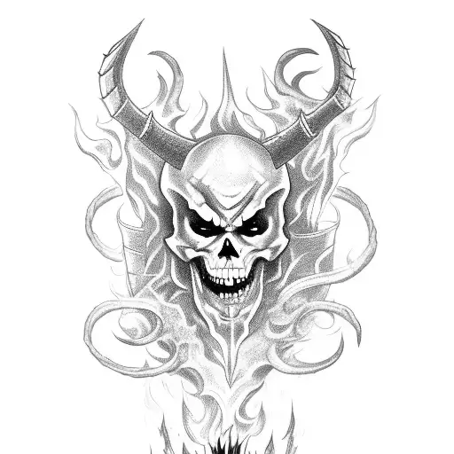 Demon on a skeleton horse and a fire sword burning in his hand tattoo design idea