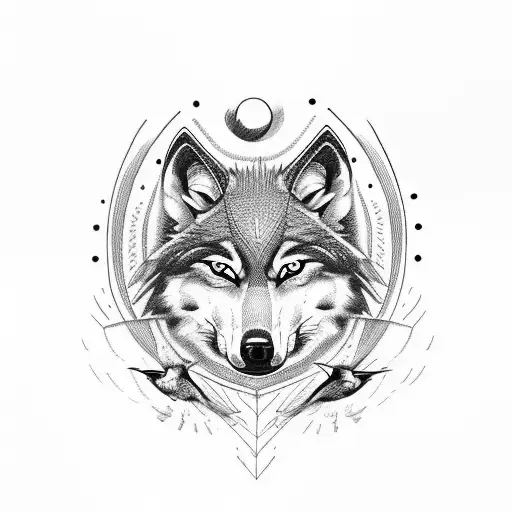 A wolf's face divided in two, with a hummingbird flying behind two birds (one pink, one blue) tattoo design idea