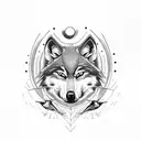 A wolf's face divided in two, with a hummingbird flying behind two birds (one pink, one blue) tattoo design idea