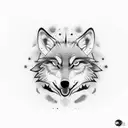 A wolf's face divided in two, with a hummingbird flying behind two birds (one pink, one blue) tattoo design idea