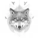 A wolf's face divided in two, with a hummingbird flying behind two birds (one pink, one blue) tattoo design idea