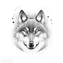 A wolf's face divided in two, with a hummingbird flying behind two birds (one pink, one blue) tattoo design idea