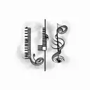A music-themed tattoo combining piano keys, saxophone, and musical notes with elements of nature like trees and birds tattoo design idea