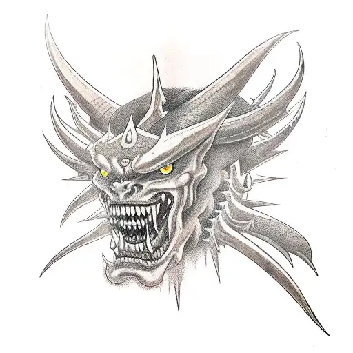 Three demon heads impaled on samuris sword tattoo design idea