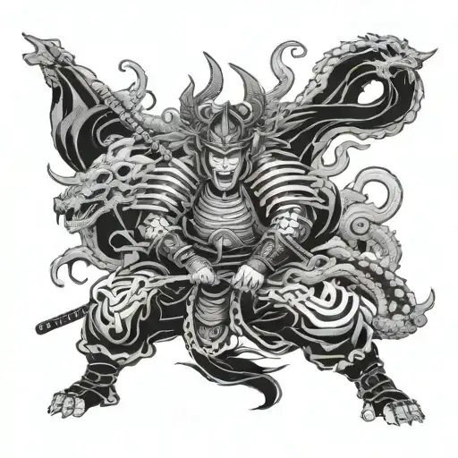 samurai fighting a dragon and demons with a hanya mask at the top tattoo design idea