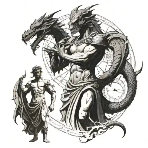 Center: Chronos standing with an hourglass, an ancient clock behind him. Left Side: Person fighting a dragon. Right Side tattoo design idea
