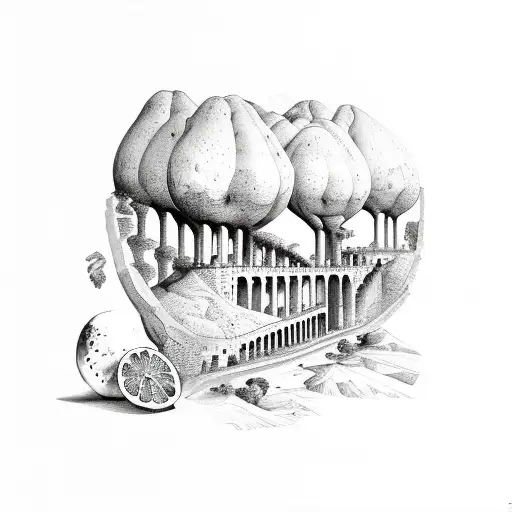 aqueduct of Peña cortada Spain with oranges, shells, and grapevines tattoo design idea