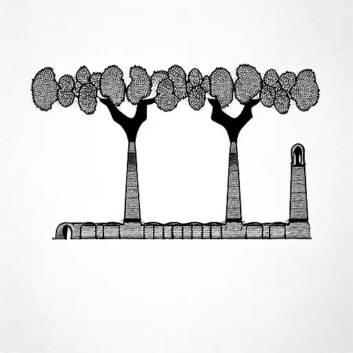aqueduct of Peña cortada Spain with orange trees and grapevines tattoo design idea