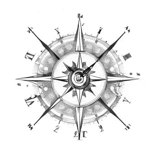 burned roses compass and mechanical clock tattoo design idea