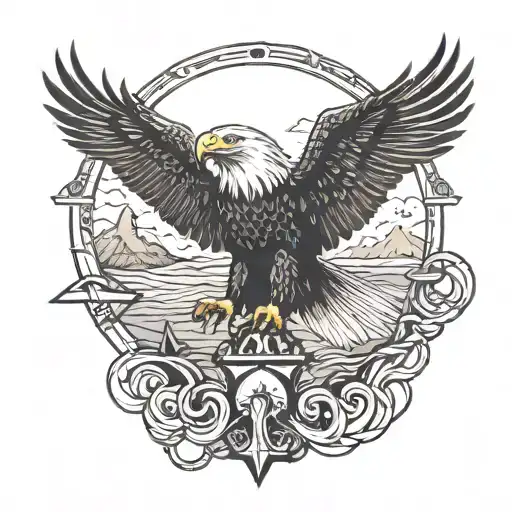 Bald Eagle flying toward the sun while carrying an anchor in it's talons.  tattoo design idea