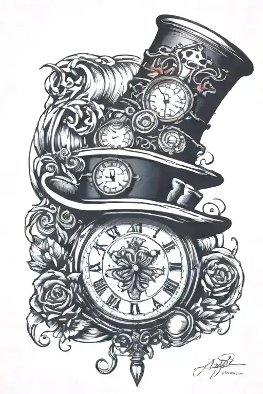 mad hatter hat on a pocket watch tattoo design idea