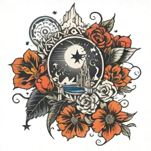 Combine symbols of sky tengri with elements of nature in a tattoo design paying homage to Turkish history before Islam, with a subtle inclusion of the kurt tattoo design idea