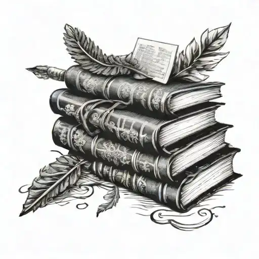 Incorporate a stack of books with intricate details and a quill pen tattoo design idea
