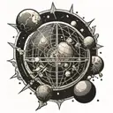 Dyson sphere floating among planets tattoo design idea