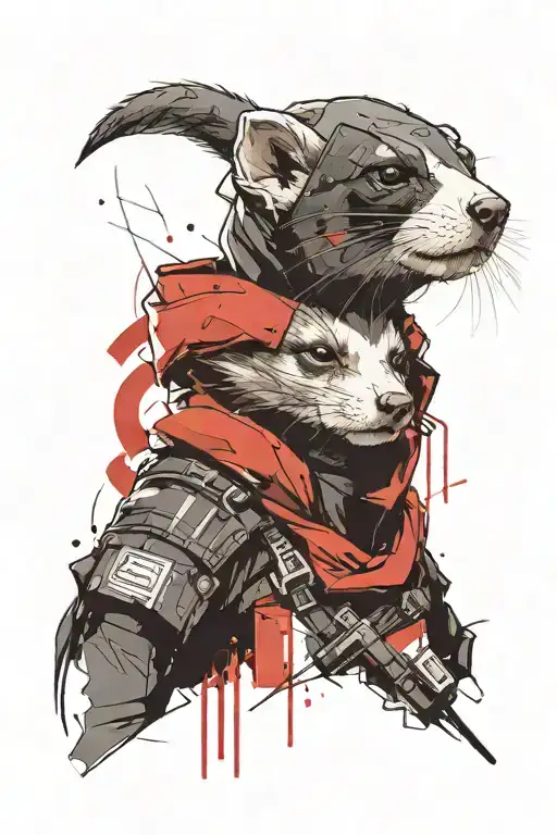 a minimal portrait of thin and light female ferret styled as assassin from "assassin's creed" game with logo in costume. tattoo design idea