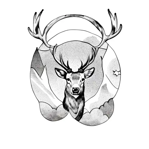 stag with horns on fire crescent moon in background with mountains in the moon tattoo design idea