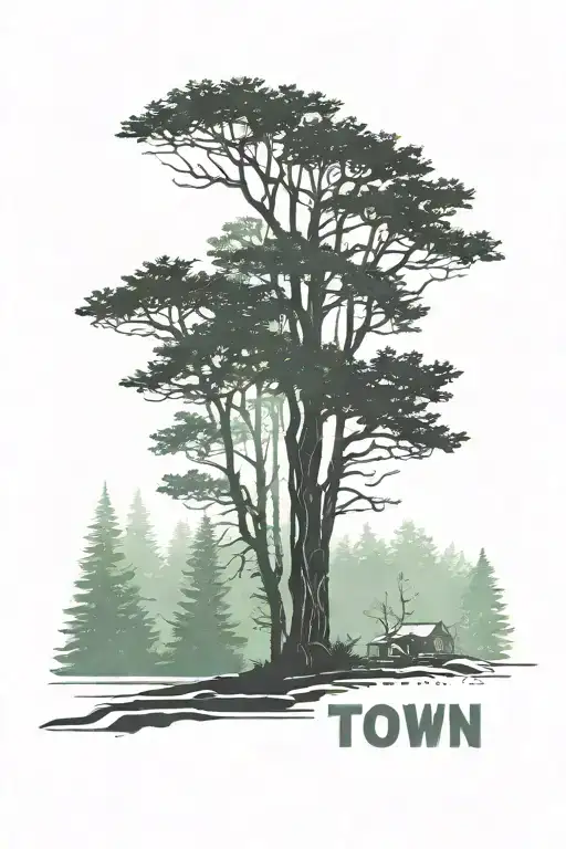 Misty pine forest, with the silhouette of a young man wearing a hat. Green street sign that says "Tree Town Streets" tattoo design idea