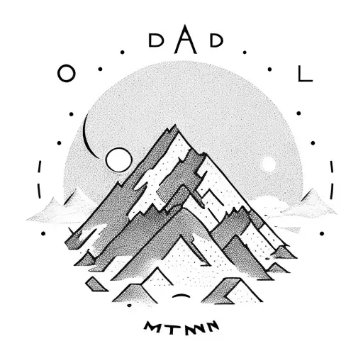 mountain with sun rising above it in the middle dads name, birth and death date, on the bottom mountain with moon rising tattoo design idea