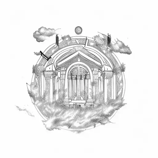 A sketch-style tattoo of a music festival stage with roman and greek statues as the performers tattoo design idea