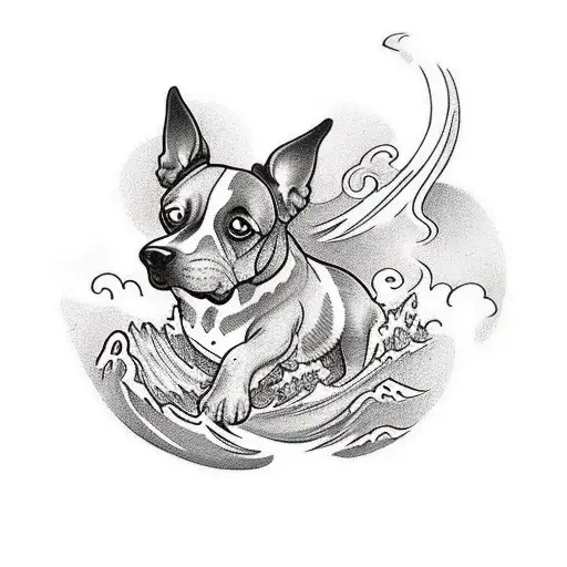 A traditional tattoo of a dog playing in a mountain stream, capturing the essence of outdoor adventure tattoo design idea