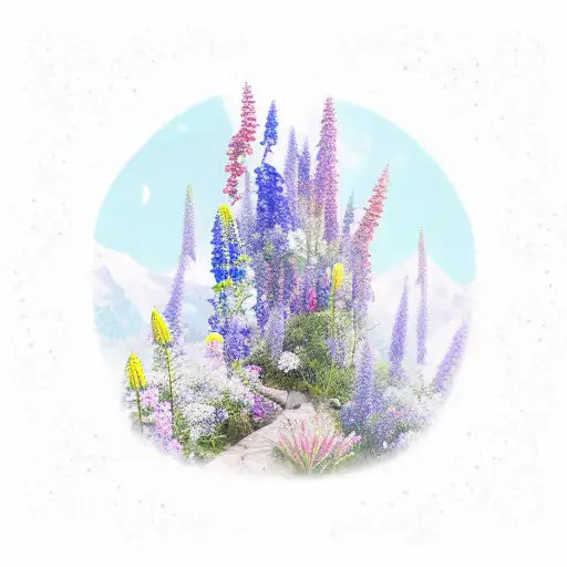 A new-school interpretation of a mountain climber reaching the summit of a towering peak, with lilies and delphiniums scattered along the path tattoo design idea