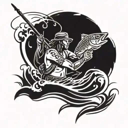a hieroglyphic of a Native American man fishing in the water with a spear.  tattoo design idea