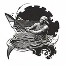 a hieroglyphic of a Native American man fishing in the water with a spear.  tattoo design idea