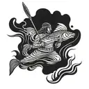 a hieroglyphic of a Native American man fishing in the water with a spear.  tattoo design idea