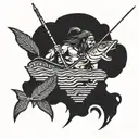 a hieroglyphic of a Native American man fishing in the water with a spear.  tattoo design idea