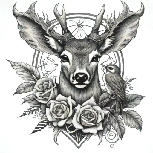 deer with cross with an owl and a humming bird sucking nectar from a flower with a barbwire outline  tattoo design idea