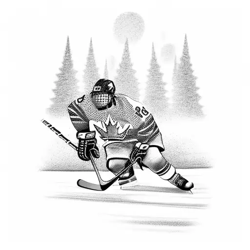 A person wearing a hockey jersey with the canadian flag on it skating in the mountains tattoo design idea