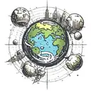 a drawing that shows the earth from space. in this drawing there will be skyscrapers rising from the earth and all of th tattoo design idea