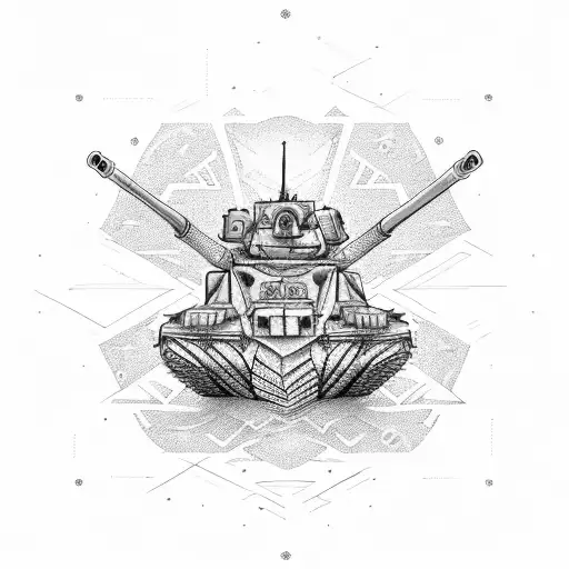 A powerful military tank surrounded by sacred Candomblé symbols tattoo design idea