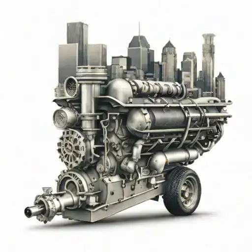 Truck engine with a Pittsburgh skyline in the background tattoo design idea