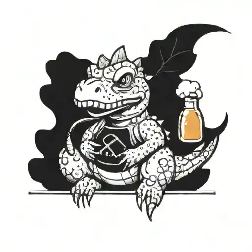 cartoon cute fat dinosaur sitting and holding a beer glass tattoo design idea